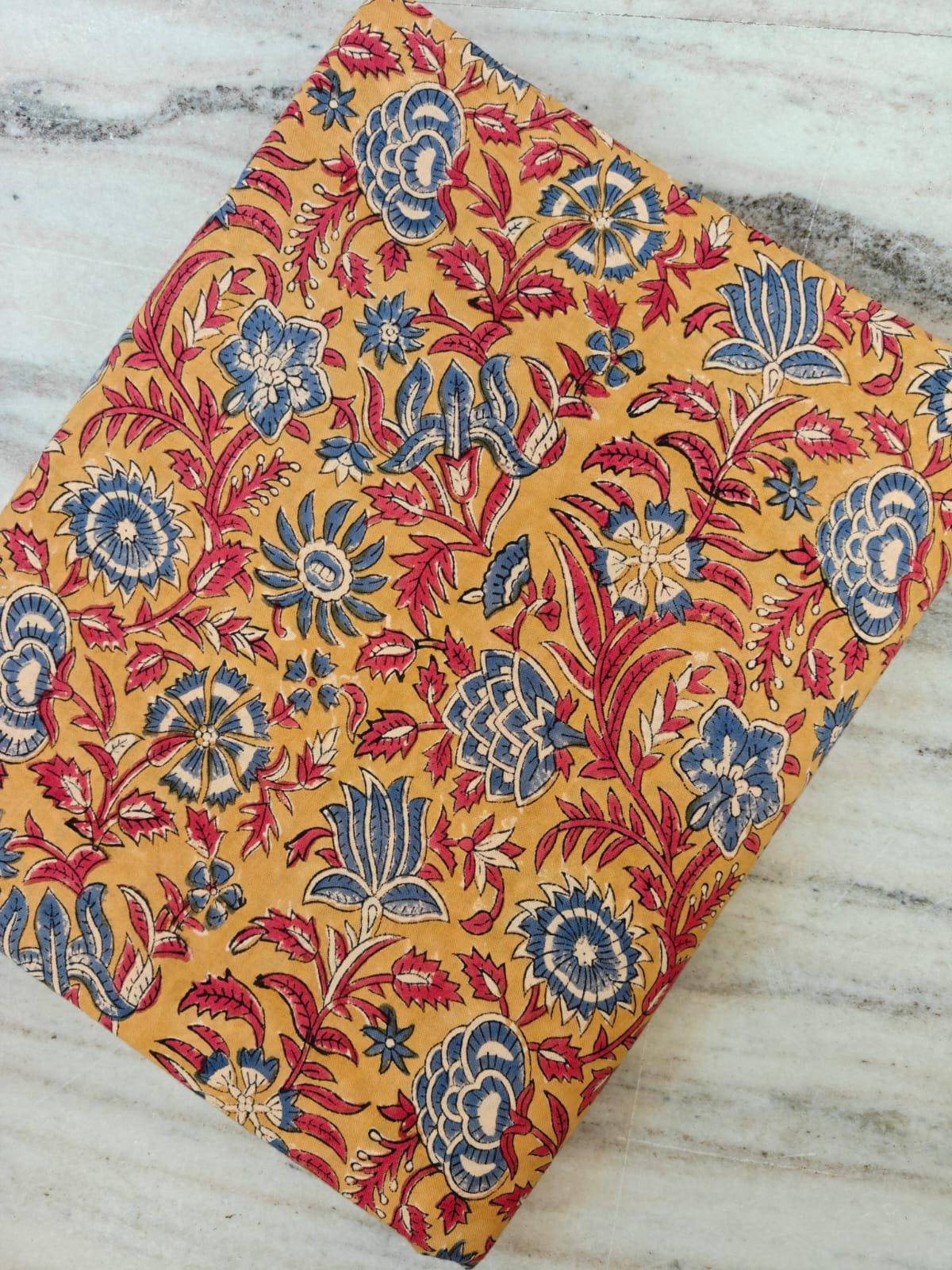 Mustard Yellow Floral Cotton Fabric by the Yard, Indian Block Print Fabric, Blue Red Flower Print, Quilting Sewing Craft Fabric, Napkins