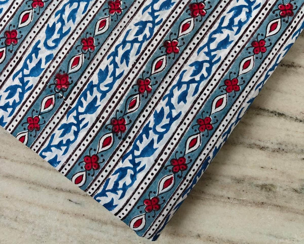 Striped Cotton Fabric, Red Floral Blue Leaf Hand Block Print, Indian Cotton Fabric by the Yard for Quilting, Sewing, Dressmaking, Home Decor