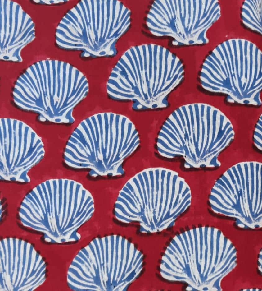 Red Seashell Block Print Cotton Fabric, Nautical Coastal Fabric, Blue Shell Indian Cotton Fabric, Beach Theme Quilting Craft Fabric by Yard
