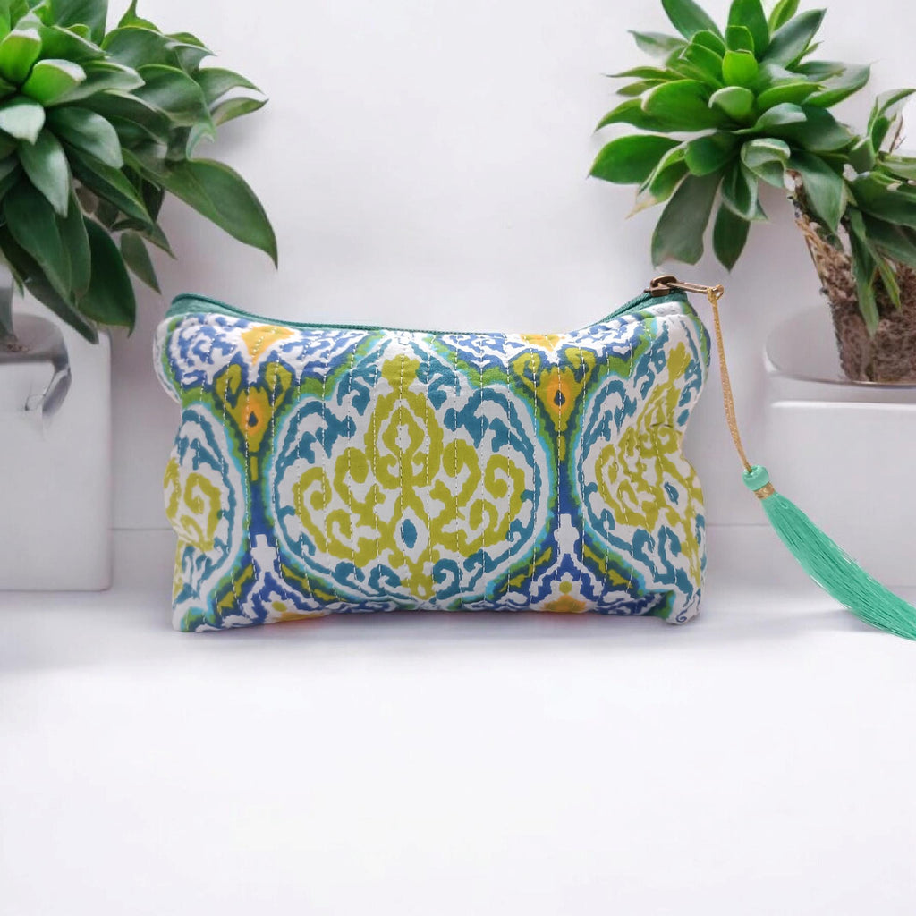 Handmade Floral Cotton Quilted Cosmetic Bag: Block Print Makeup Pouch