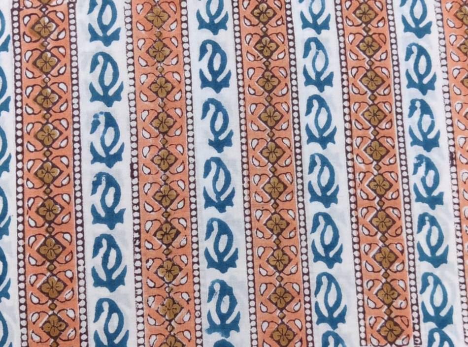 Orange Blue Block Print Cotton Fabric | Striped Floral Printed Fabric by the Yard | Soft Cotton for Quilting, Sewing, Dressmaking, Crafts