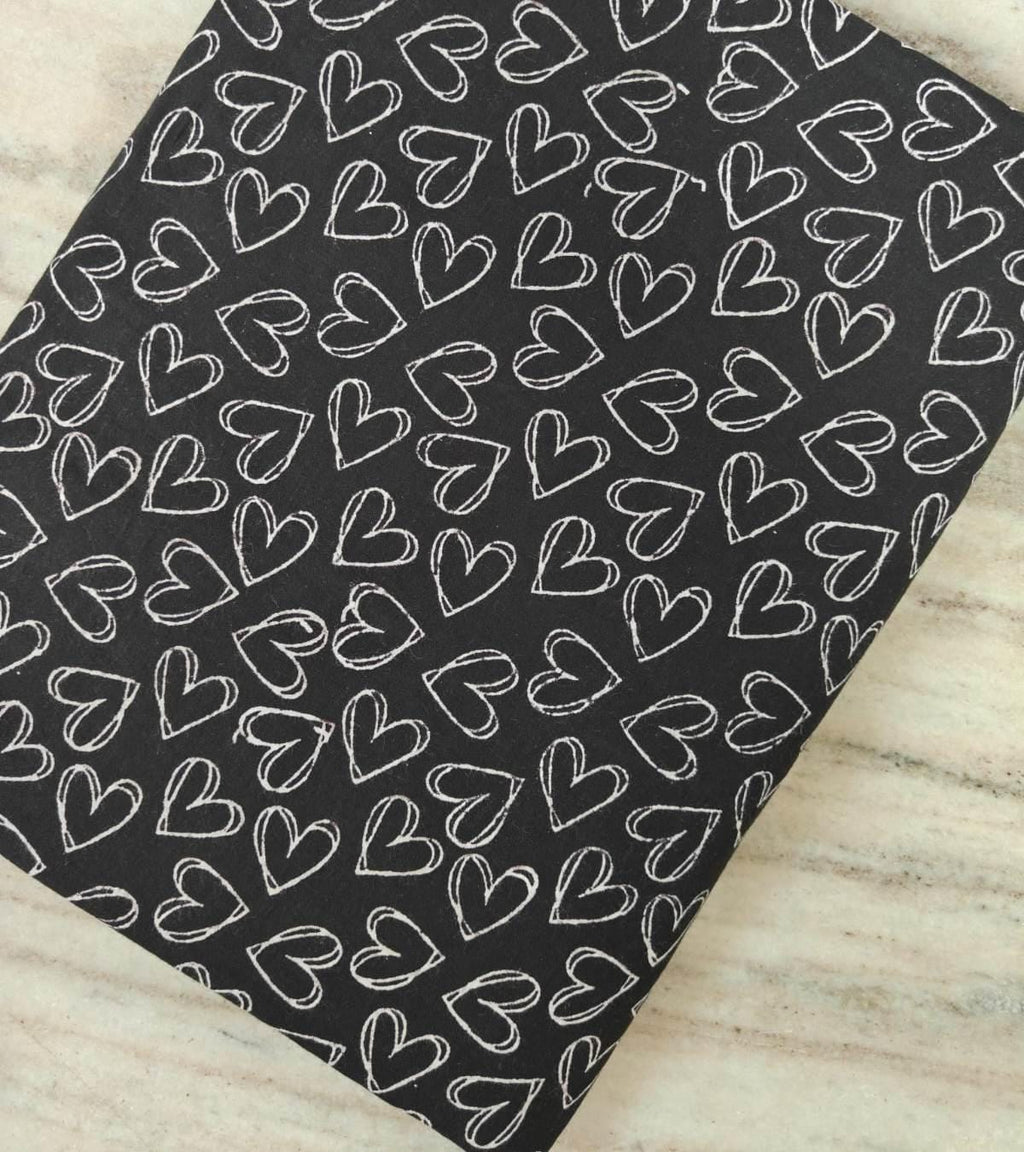 Black Heart Print Cotton Fabric, White Doodle Hearts Fabric by Yard, Valentine Love Fabric, Modern Minimal Cotton for Quilting Sewing Craft