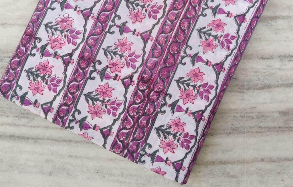 Pink Geometric Floral Cotton Fabric by the Yard, Hand Block Print Fabric, Quilting, Dressmaking, Sewing, Craft Cotton, Handmade Fabric