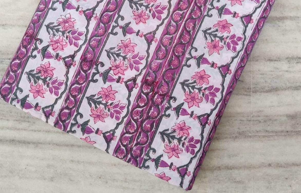 Pink Geometric Floral Cotton Fabric by the Yard, Hand Block Print Fabric, Quilting, Dressmaking, Sewing, Craft Cotton, Handmade Fabric