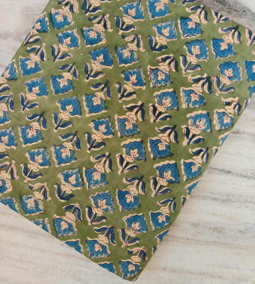 Green Blue Designer Hand Block Print Fabric, Floral 100% Cotton Quilting Fabric By The Yard, Fabric For Dress Making, Loose Running Fabric