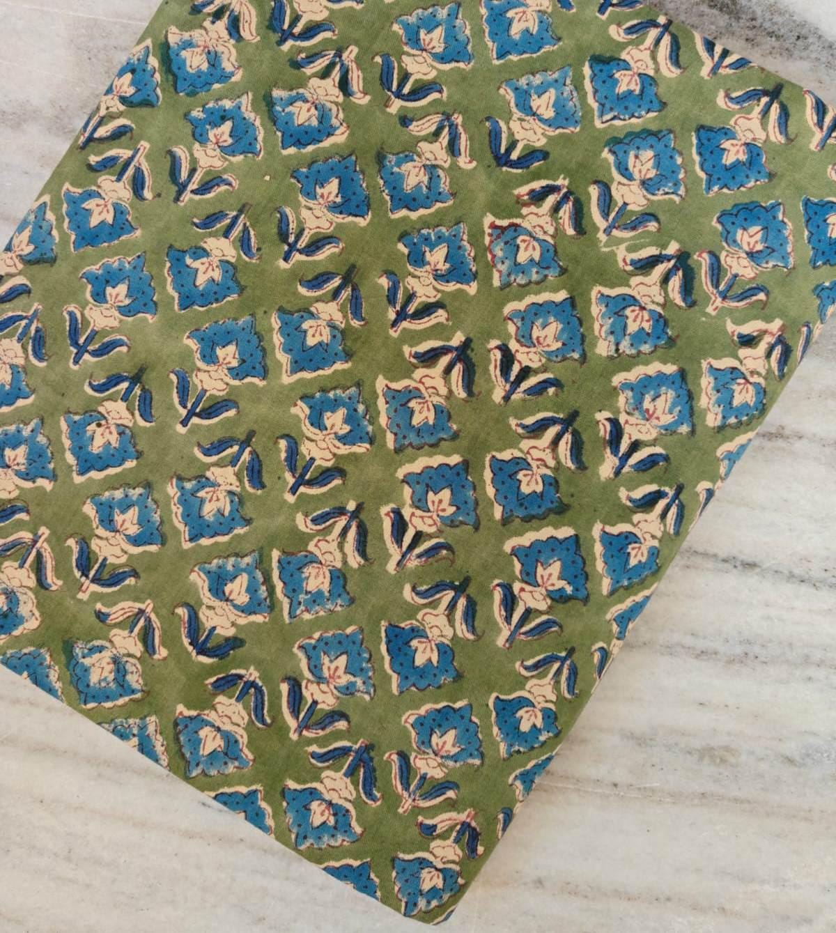 Green Blue Designer Hand Block Print Fabric, Floral 100% Cotton Quilting Fabric By The Yard, Fabric For Dress Making, Loose Running Fabric