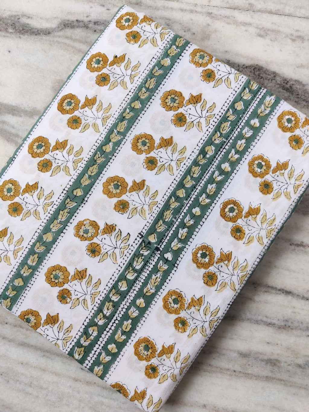 Hand Block Print Cotton Fabric, Floral Stripe Mustard Yellow Green, Indian Cotton Fabric by Yard, Soft Lightweight Sewing Fabric Textile