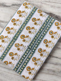 Hand Block Print Cotton Fabric, Floral Stripe Mustard Yellow Green, Indian Cotton Fabric by Yard, Soft Lightweight Sewing Fabric Textile