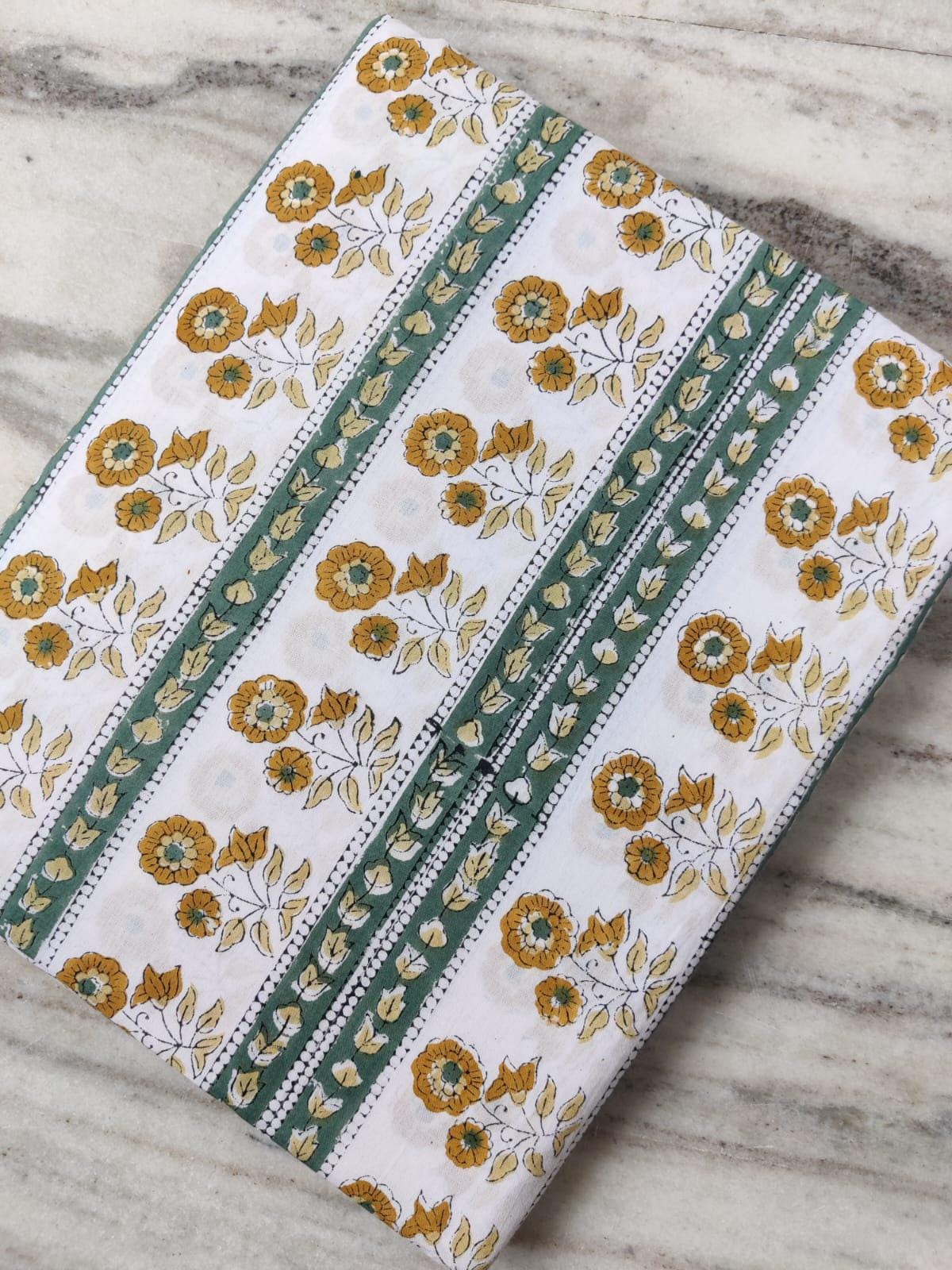 Hand Block Print Cotton Fabric, Floral Stripe Mustard Yellow Green, Indian Cotton Fabric by Yard, Soft Lightweight Sewing Fabric Textile