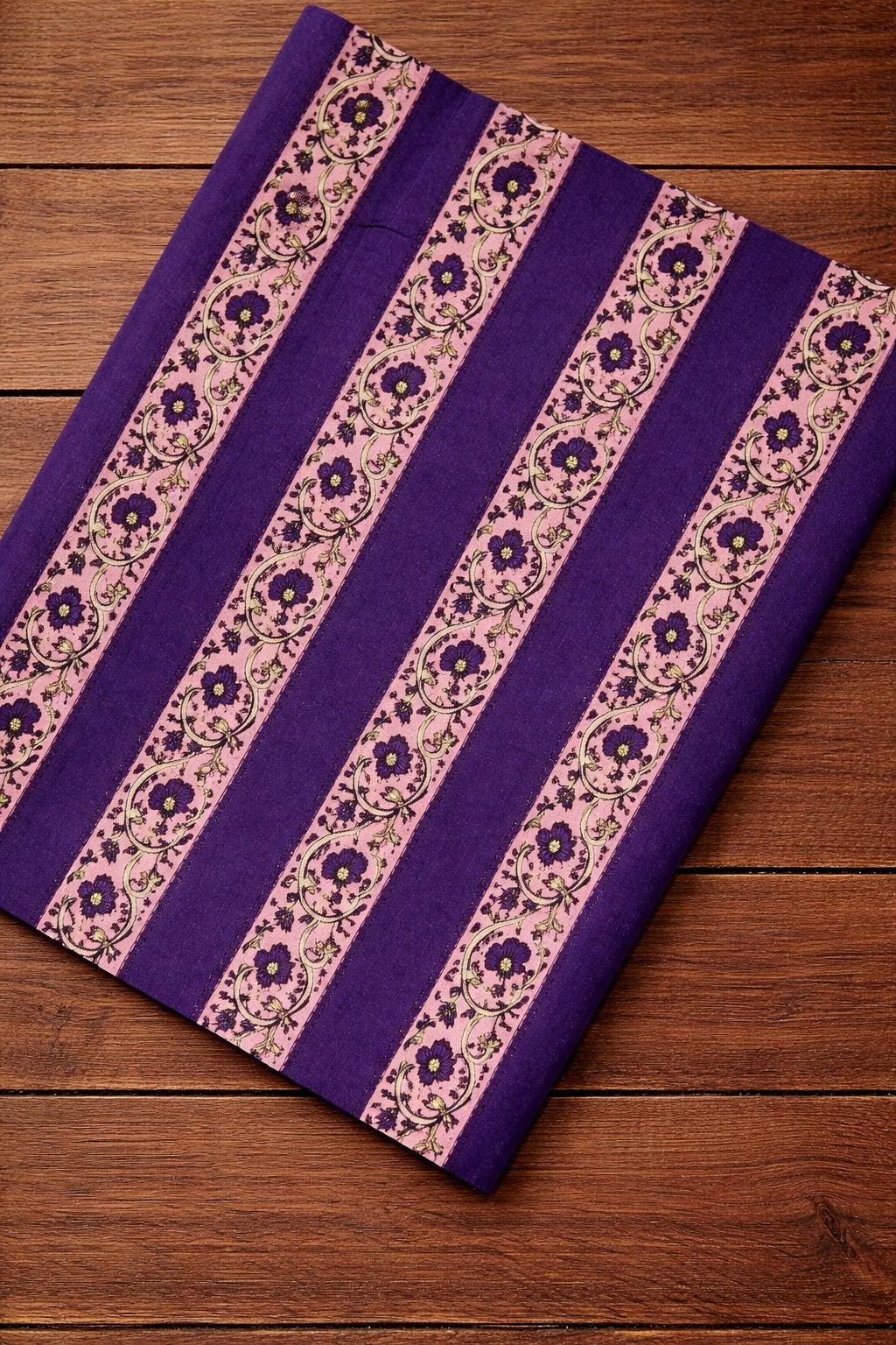Purple Striped Floral Cotton Fabric, Hand Block Print Border Design Indian Textile, Boho Cotton Fabric for Quilting, Loose Running Fabric