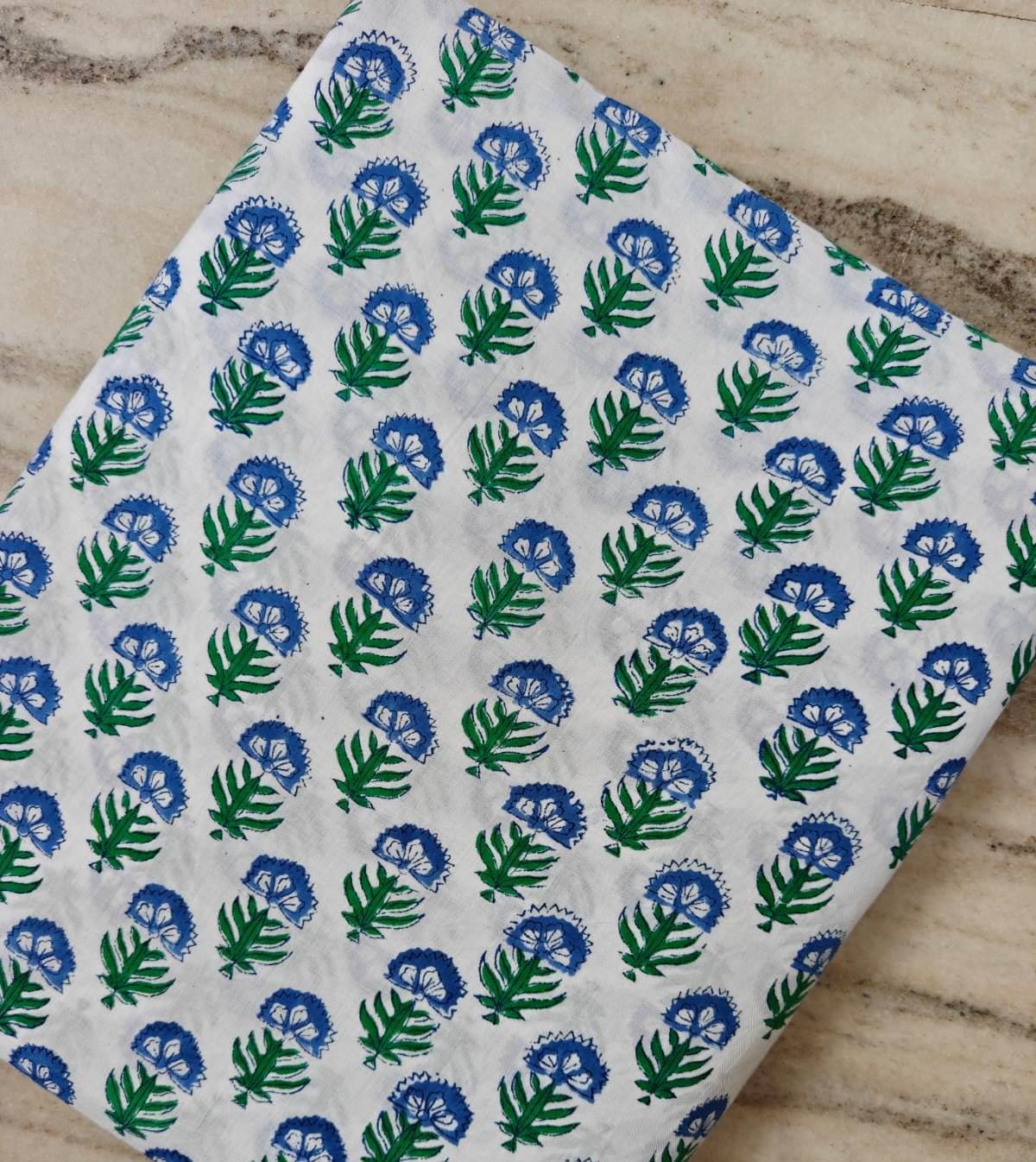 Blue Floral Cotton Fabric, Hand Block Print Fabric, Indian Cotton Textile, Small Buta Print, Soft Lightweight Fabric for Sewing Dressmaking