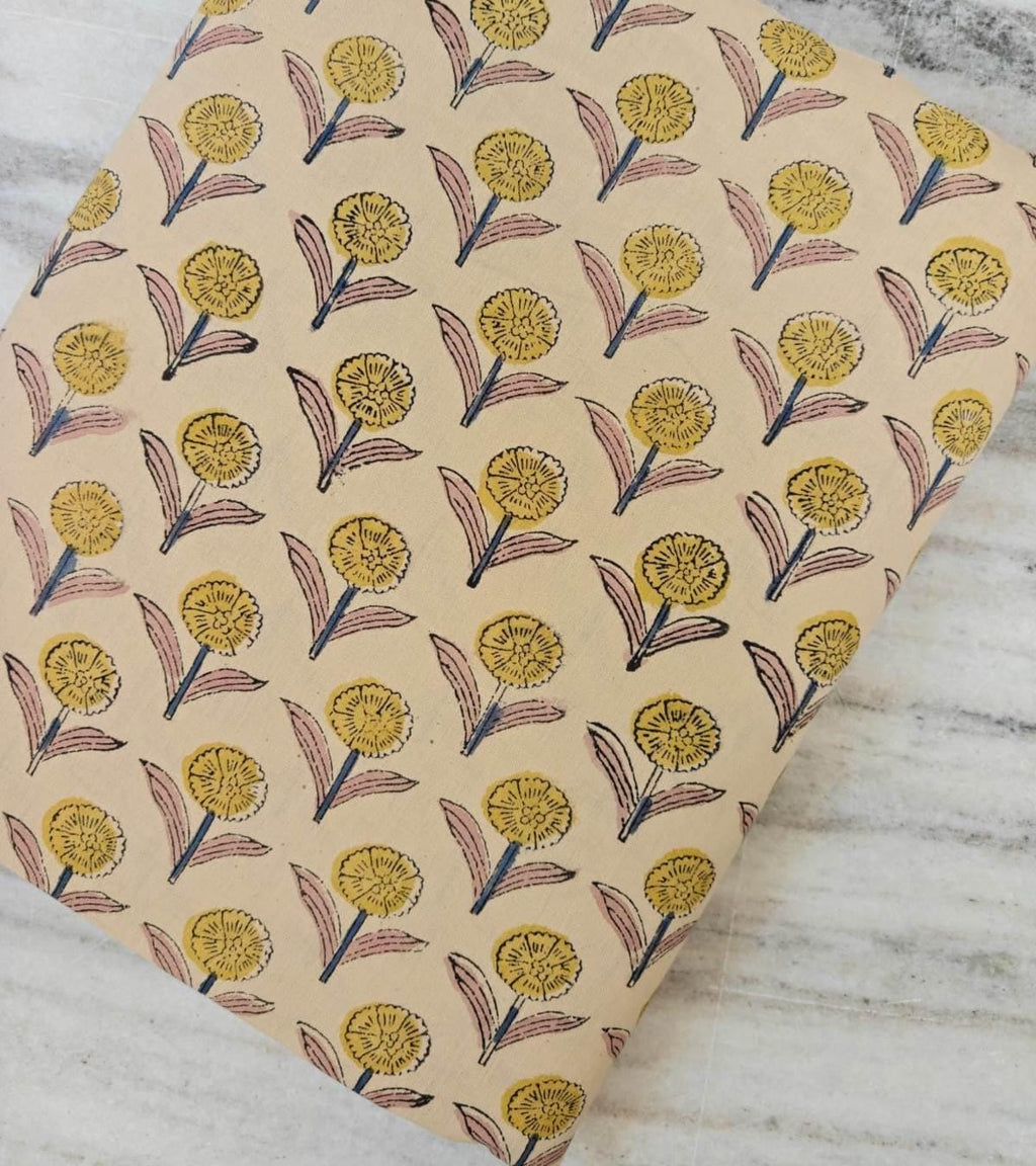 Block Print Cotton Fabric, Yellow Flower Motif on Beige, Handmade Indian Fabric for Sewing & Quilting, Fabric By The Yard, Running Fabric
