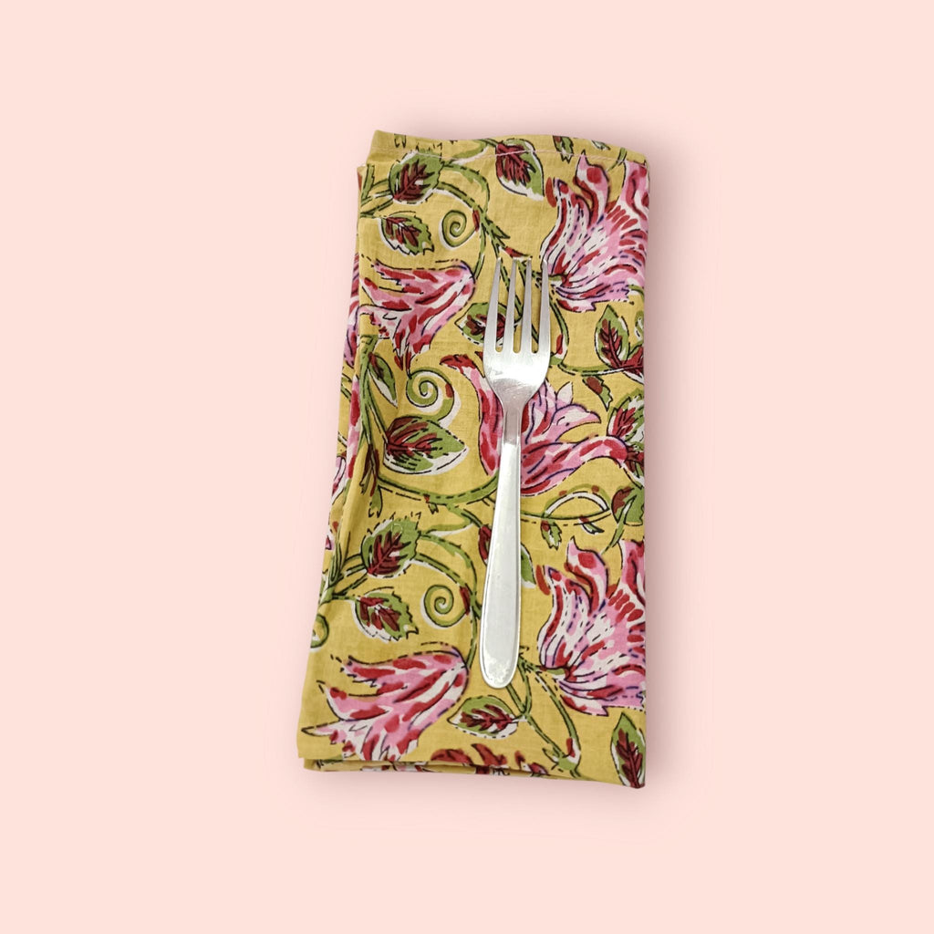 Yellow Floral Cotton Napkins | Hand Block Print Pink Flower Cloth Napkins | Reusable Dinner Napkins for Table Decor & Eco-Friendly Dining