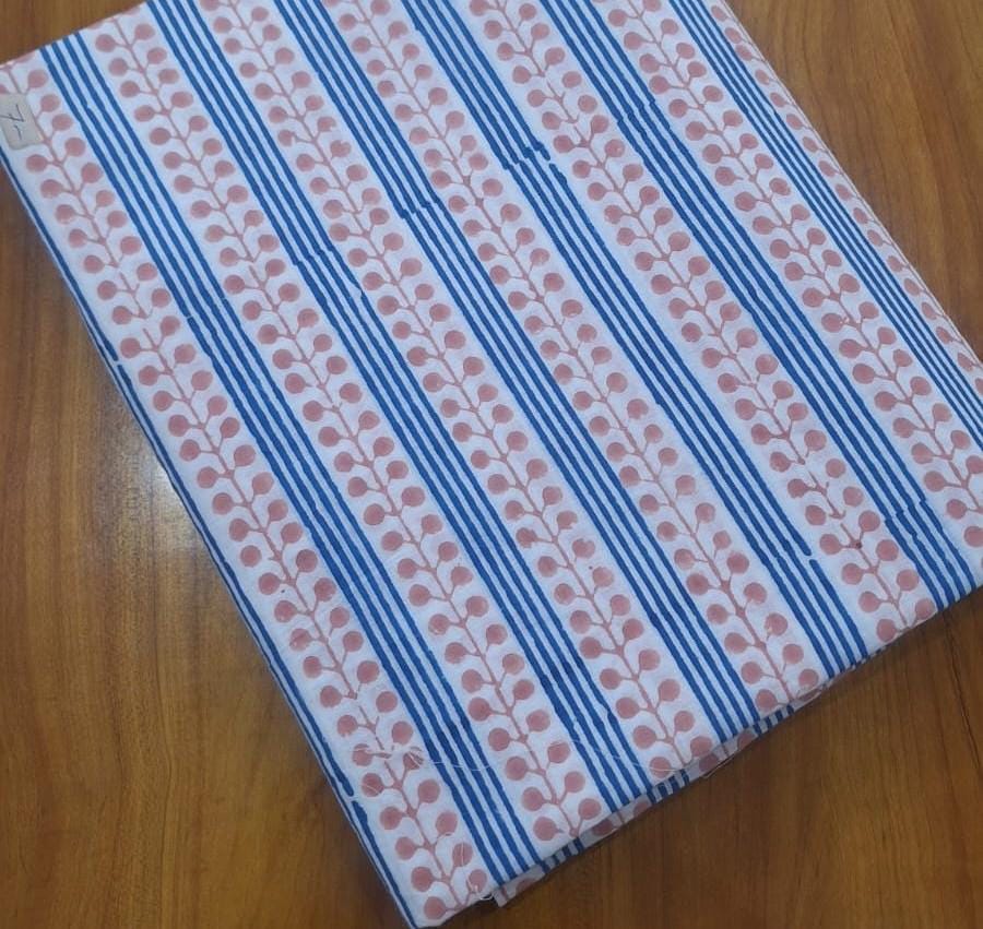 Pink Blue Stripe Cotton Fabric, Floral Stripe Block Print Fabric, Indian Hand Block Print Cotton Fabric by Yard, Boho Sewing Quilting Fabric