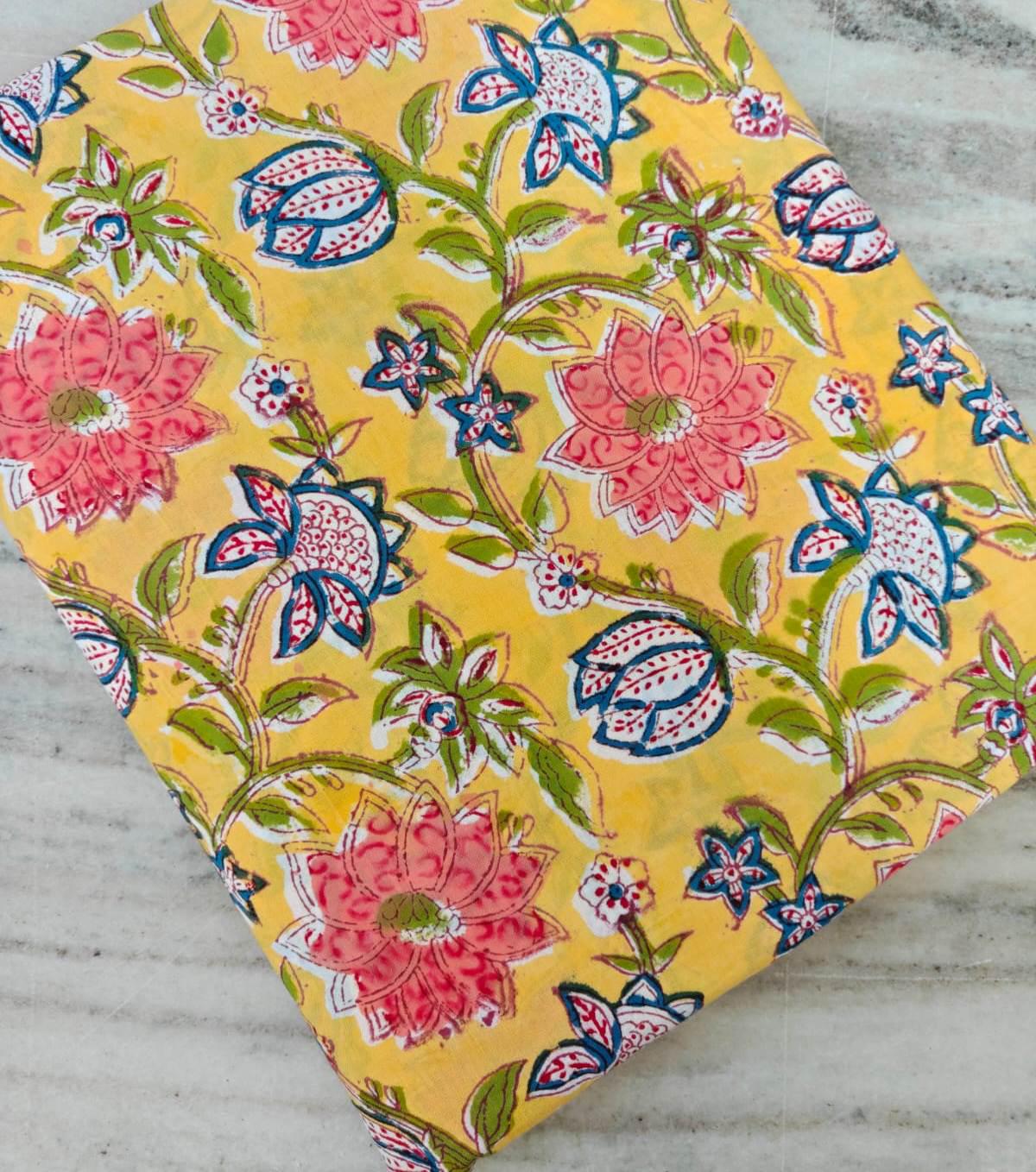 Yellow Floral Cotton Fabric, Indian Block Print Fabric by the Yard, Pink Blue Flower Print, Quilting Sewing Fabric, Loose Running Fabric