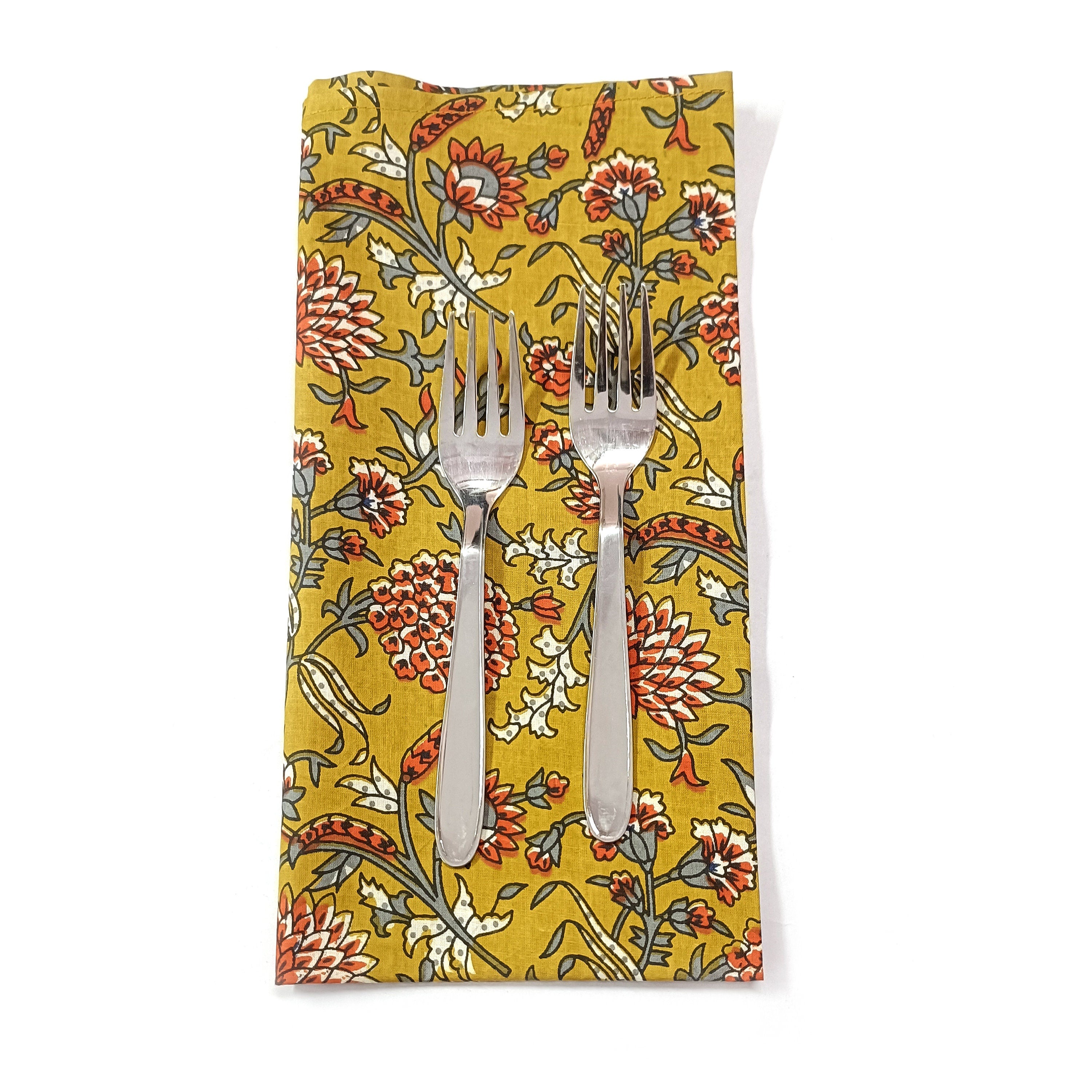 Yellow Floral Block Print Cotton Napkins: Scalloped Dinner Napkins (Set of 4)
