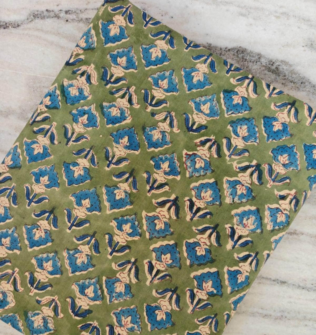 Green Blue Designer Hand Block Print Fabric, Floral 100% Cotton Quilting Fabric By The Yard, Fabric For Dress Making, Loose Running Fabric
