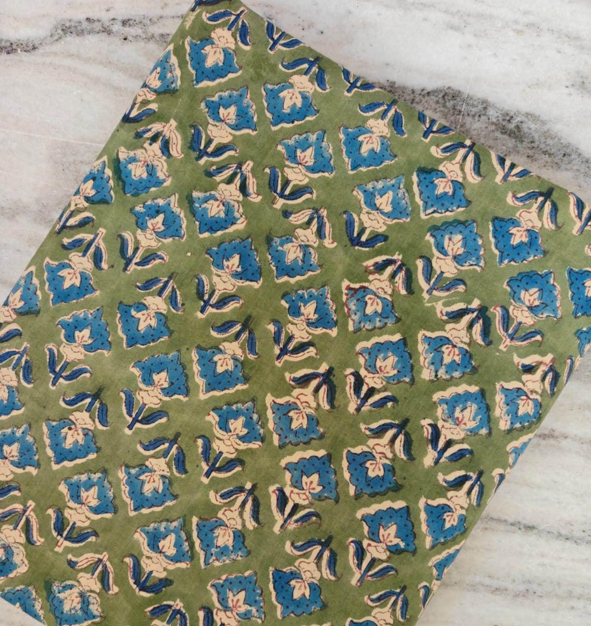 Green Blue Designer Hand Block Print Fabric, Floral 100% Cotton Quilting Fabric By The Yard, Fabric For Dress Making, Loose Running Fabric