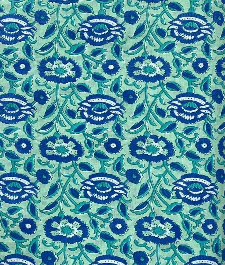 Mint Green Blue Floral Cotton Fabric by Yard, Indian Hand Block Print Fabric, Sanganeri Cotton Textile for Dressmaking Quilting Craft