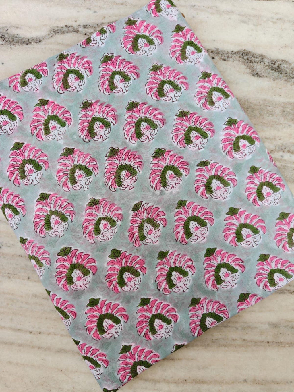 Hand Block Print Cotton Fabric, Pink Floral on Mint Green, Indian Cotton Textile, Soft Lightweight Fabric for Dressmaking, Quilting & Crafts