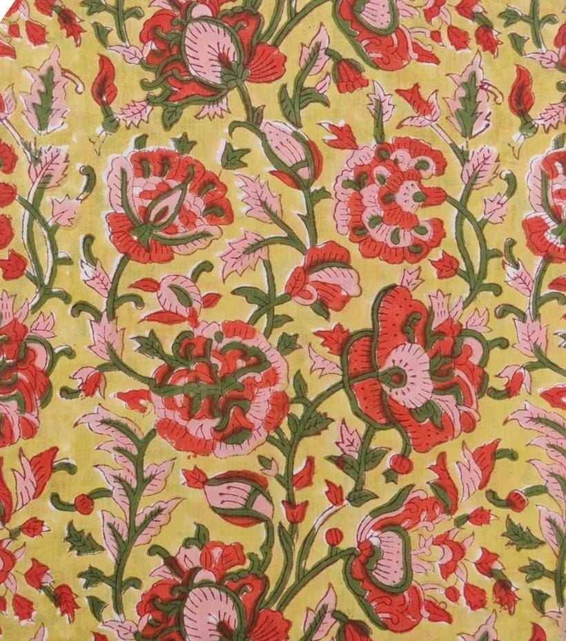 Yellow Green Floral Cotton Fabric, Floral 100% Cotton Quilting Fabric By The Yard, Handmade Fabric, Loose Running Fabric, Textile Fabric