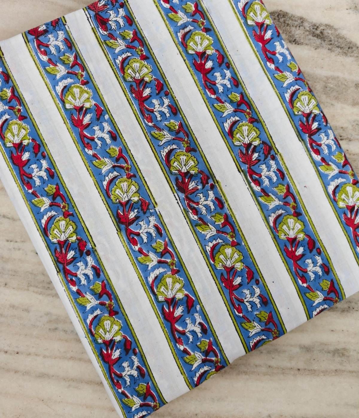 Striped Floral Block Print Cotton Fabric, Blue White Indian Hand Block Print Fabric, Boho Stripe Cotton Cloth, Quilting Sewing Fabric Yard