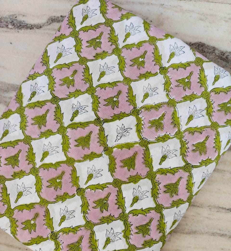 Pink Floral Hand Block Print Cotton Fabric, Indian Cotton Fabric by Yard, Green Vine Flower Print Fabric, Soft Cotton for Dress Making