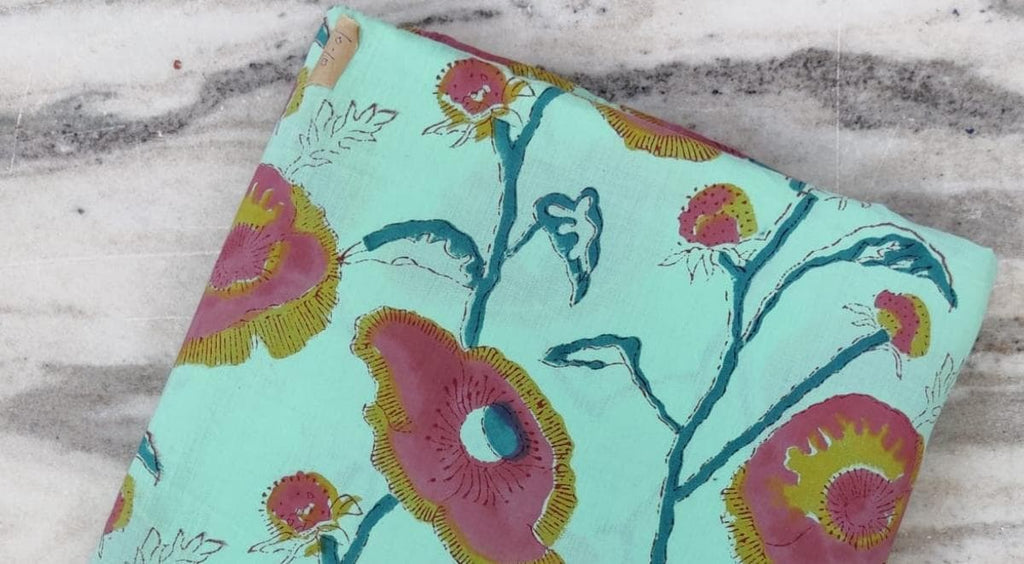 Turquoise Floral Cotton Fabric, Pink Flower Print Fabric, Quilting Cotton, Botanical Fabric by the Yard, Sewing Fabric, Craft Fabric