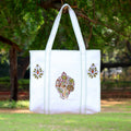 Hand Block White Cotton Floral Block Print Shoulder Bag, Handmade Quilted Tote Bag, Quilted Tote Bag, Indian Bags Shopping Bags, Women's Bag