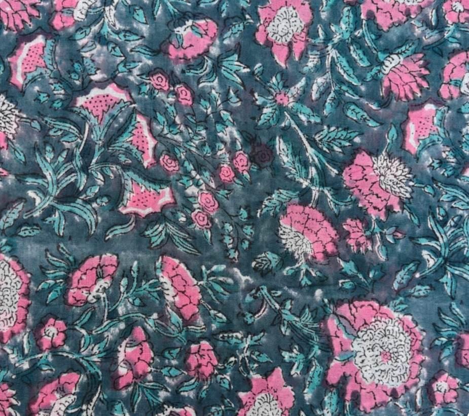 Teal Pink Floral Cotton Fabric, Vintage Botanical Print, Quilting Fabric by the Yard, Indian Style Block Print, Dressmaking Craft Fabric