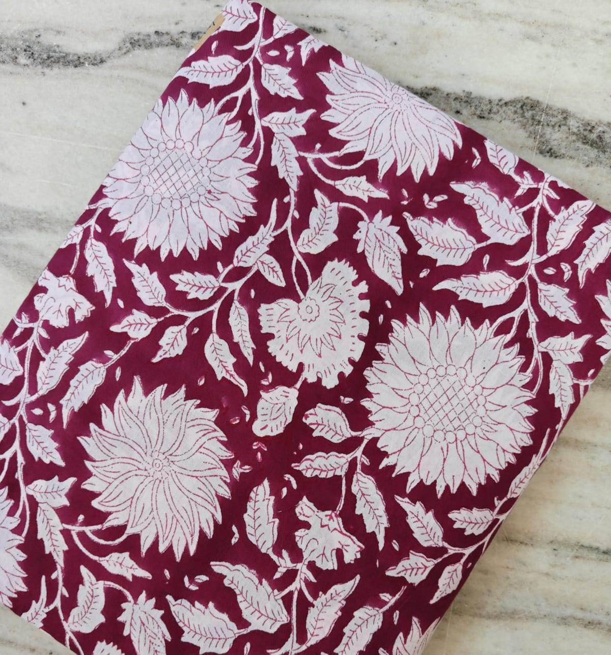 Maroon White Floral Cotton Fabric, Hand Block Print Fabric by the Yard, Soft Indian Cotton for Dressmaking & Home Decor Sewing and Quilting