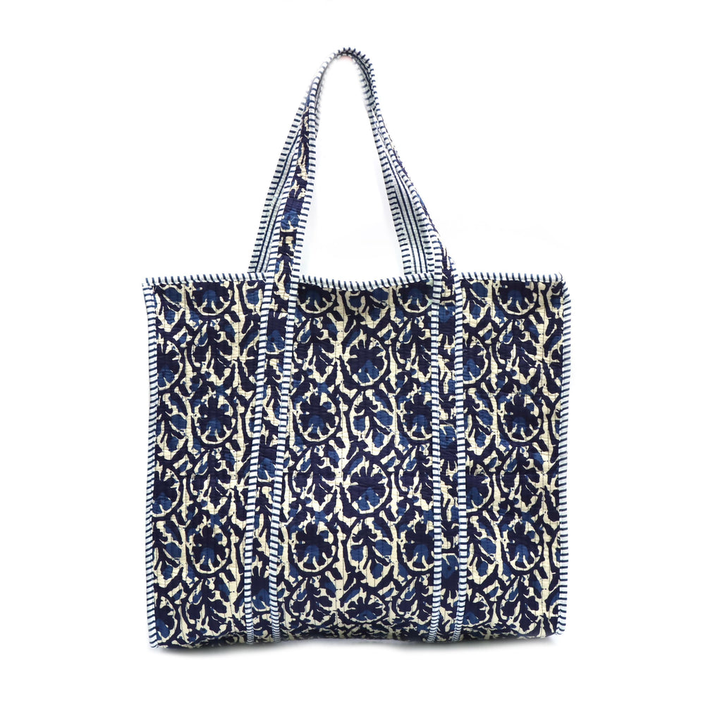 Indigo Block Print Tote Bag, Blue Floral Quilted Tote, Boho Cotton Shopper Bag, Reusable Market Bag, Large Everyday Tote, Gift for Her