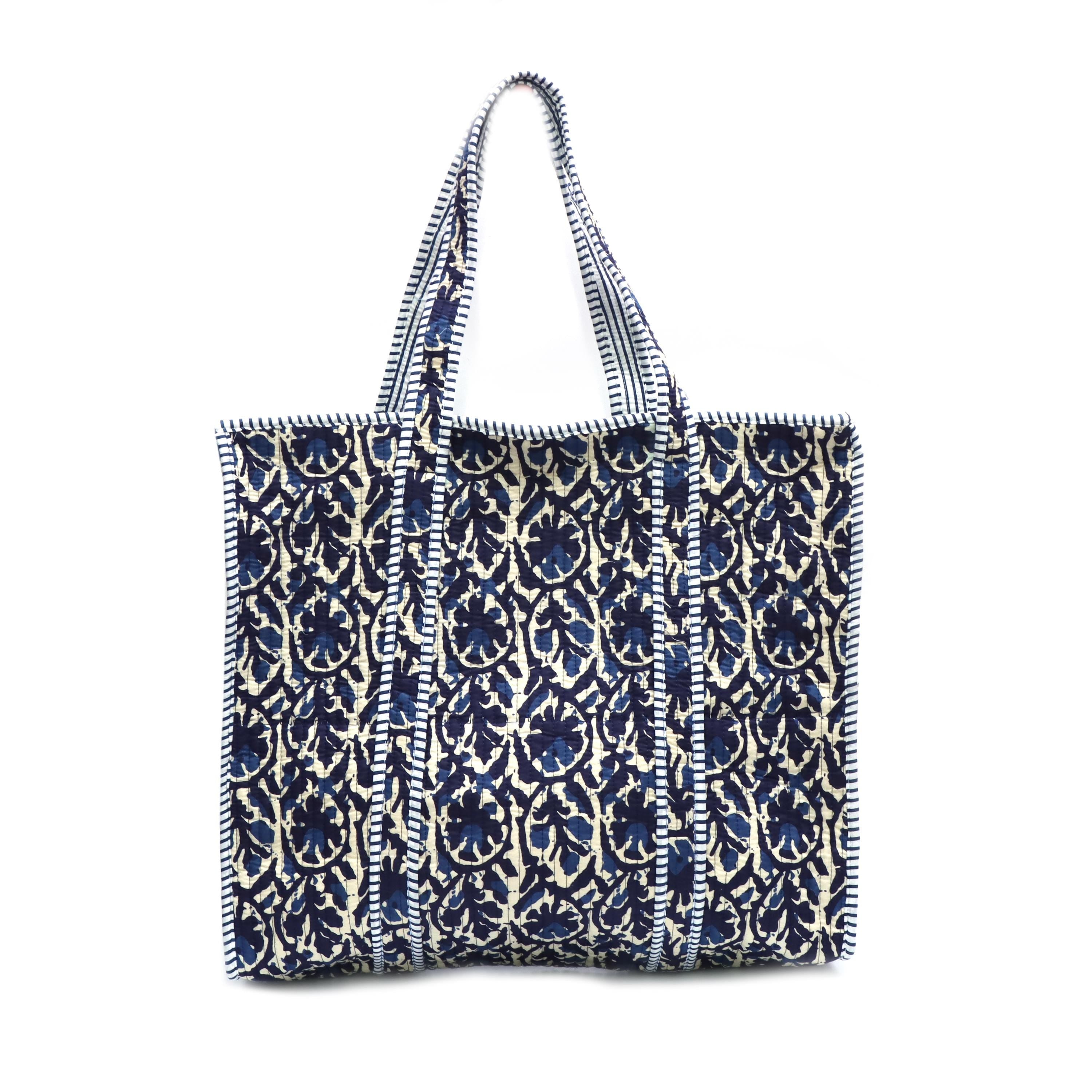 Indigo Block Print Tote Bag, Blue Floral Quilted Tote, Boho Cotton Shopper Bag, Reusable Market Bag, Large Everyday Tote, Gift for Her
