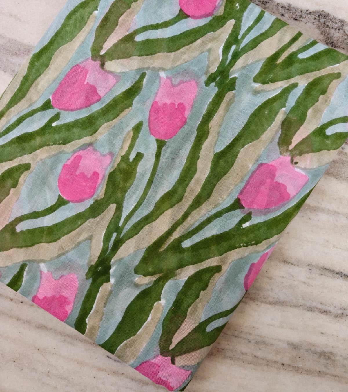 New Arrival Tulip Floral Cotton Fabric, Hand Block Print Fabric, Pink Green Botanical Fabric by Yard Indian Cotton Fabric Dressmaking Fabric