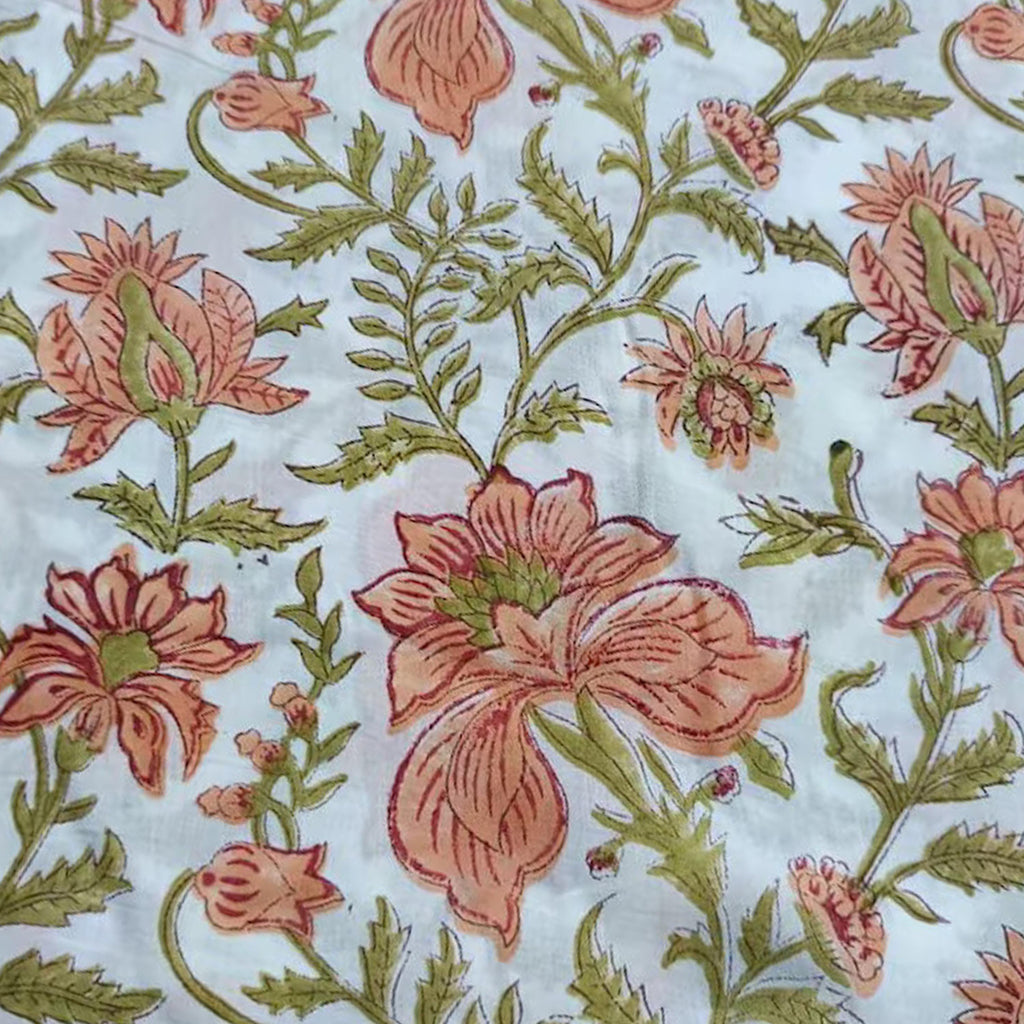 Floral Cotton Cushion Cover, Hand Block Print Pillow Cover, Peach Green Flower Print Throw Pillow, Boho Decorative Sofa Cushion, Home Decor