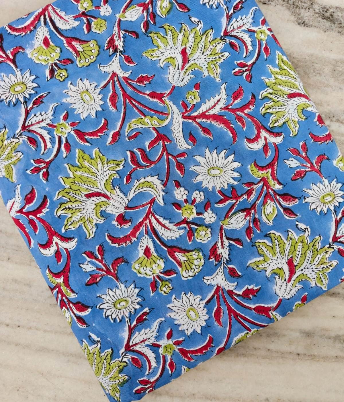 New Arrival Blue Floral Cotton Fabric, Hand Block Print Fabric, Indian Cotton Fabric by Yard, Vintage Floral Print, Dressmaking Fabric