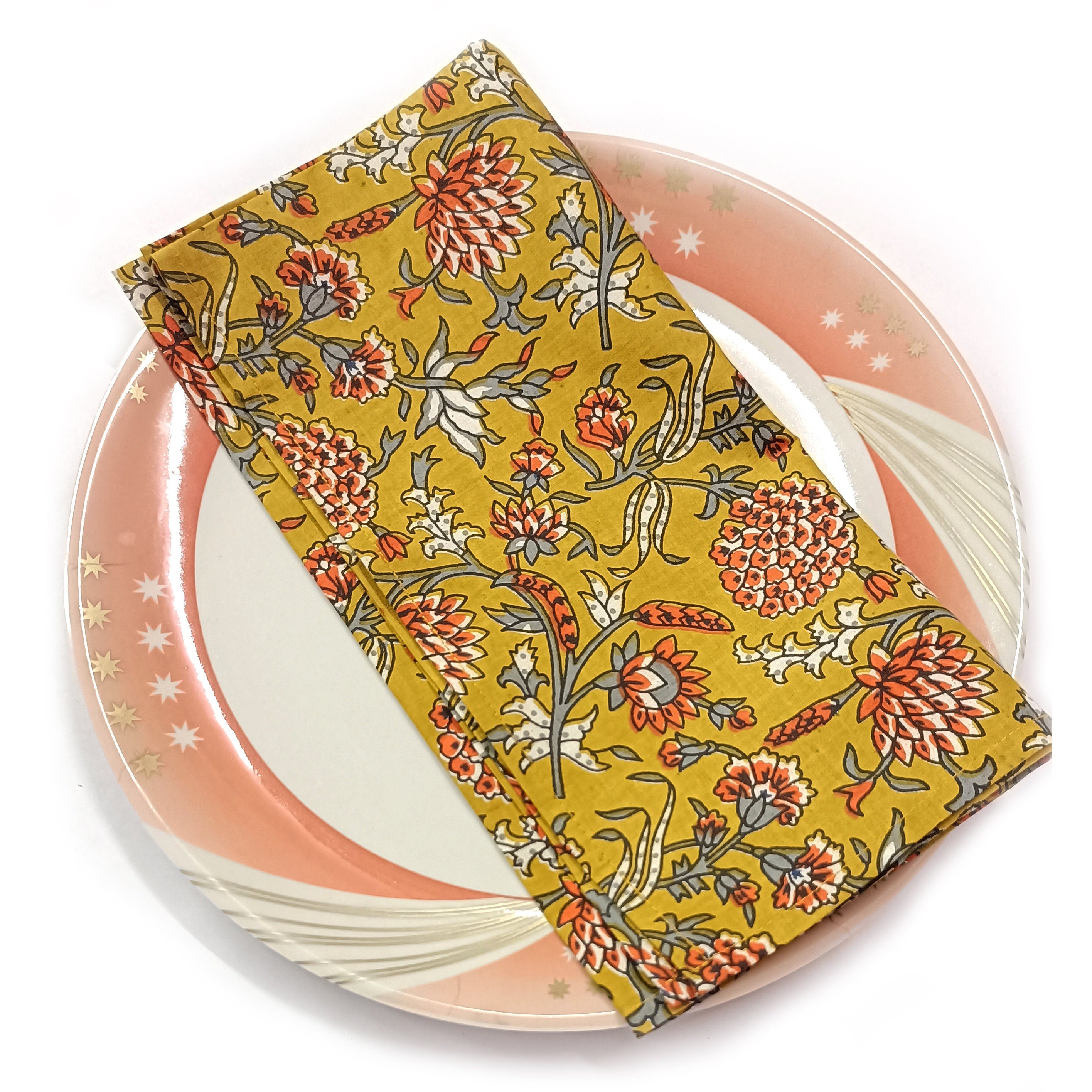 Yellow Floral Block Print Cotton Napkins: Scalloped Dinner Napkins (Set of 4)