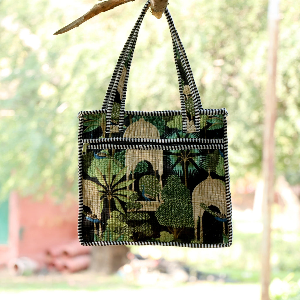 Handmade Quilted Cotton Tote Bag, Forest Print Shoulder Bag