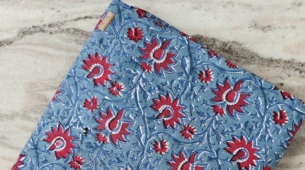 Red Floral Cotton Fabric, Blue Hand Block Print Fabric by the Yard, Indian Soft Cotton for Quilting, Sewing, Dressmaking, Home Decor