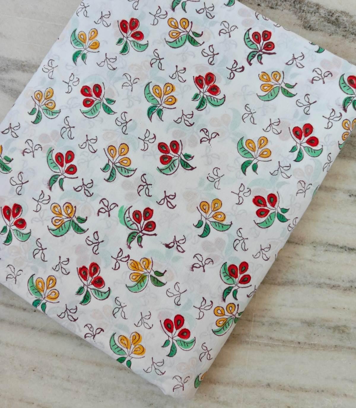 Floral Buti Hand Block Print Cotton Fabric, Indian Jaipur Cotton Textile, Red Yellow Green Floral Fabric, Sewing Quilting Craft Fabric