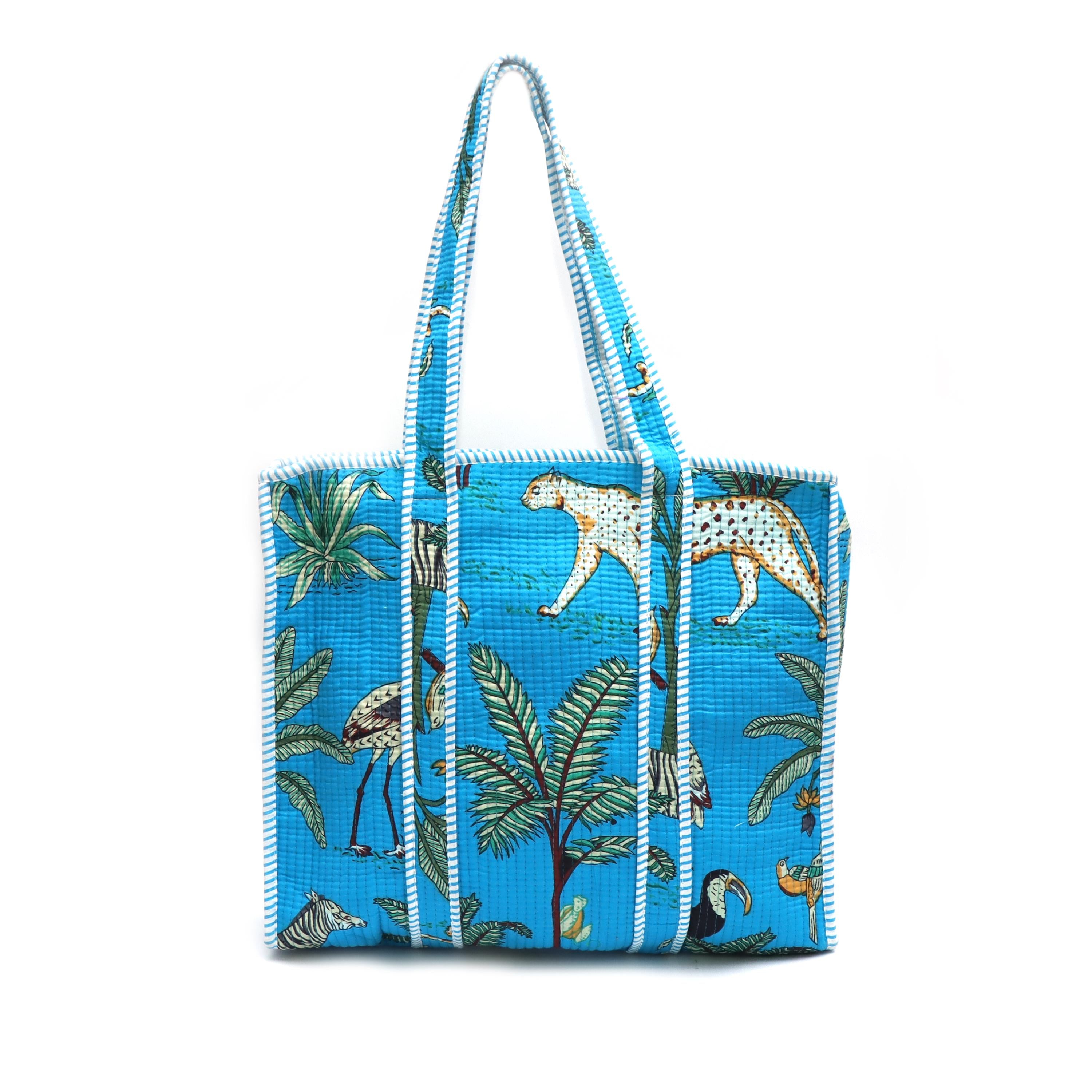 Tropical Jungle Tote Bag, Blue Leopard Print Beach Bag, Quilted Fabric Shopper, Safari Animal Tote, Reusable Market Bag, Gift for Her
