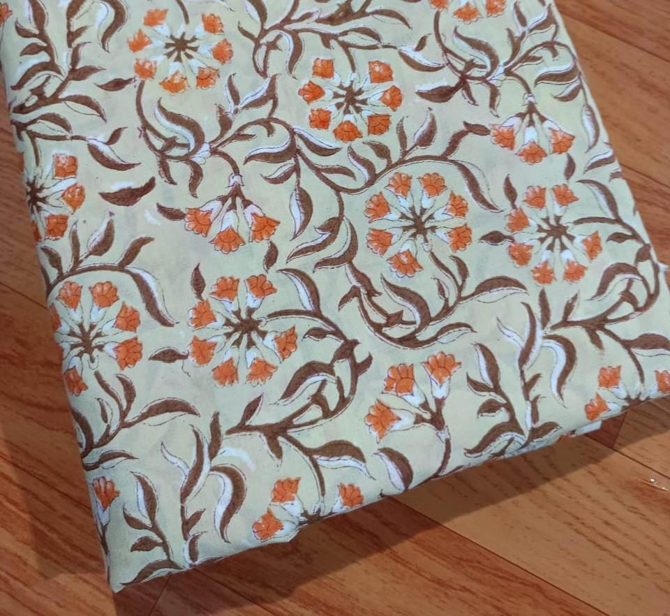 Green Orange Floral Quilting Fabric, Soft Cotton, Indian Hand Block Print Fabric, 100% Cotton Fabric By The Yard, Fabric for Loose Running
