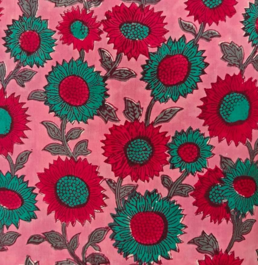 Pink Floral Cotton Fabric by the Yard, Red and Teal Flower Print, Block Print Style Fabric, Quilting Sewing Craft, Indian Floral Textile