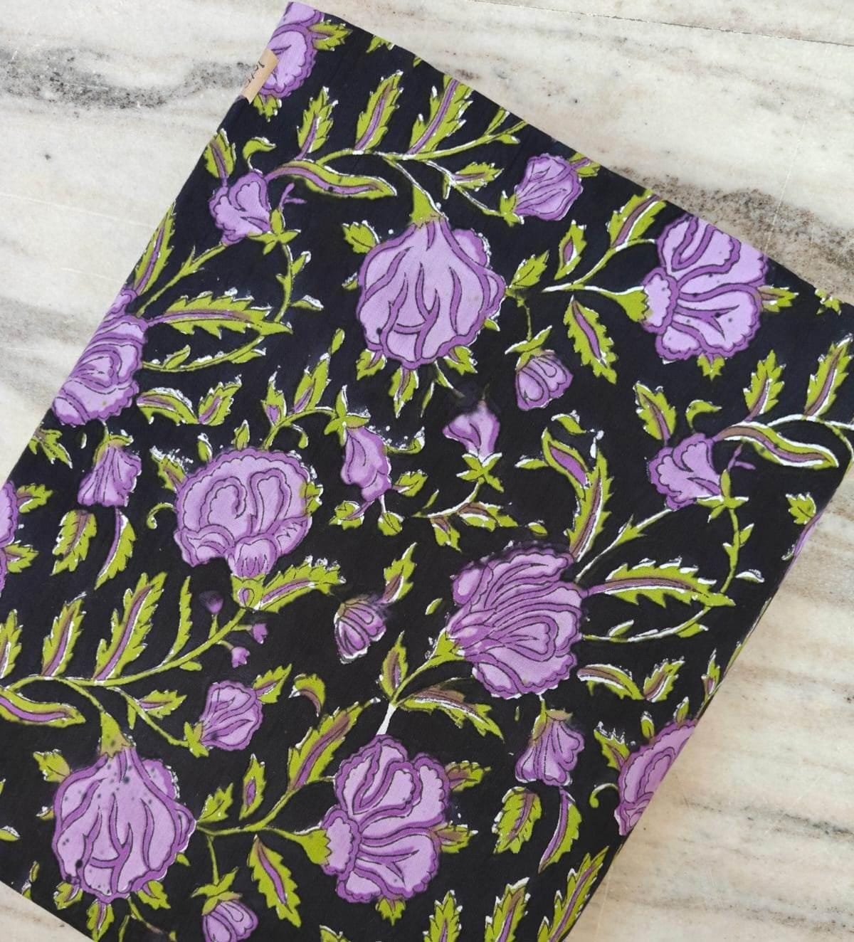 Black Floral Cotton Fabric by the Yard, Purple Rose Print Cotton Fabric, Indian Block Print Fabric, Floral Craft Fabric, Dressmaking Fabric