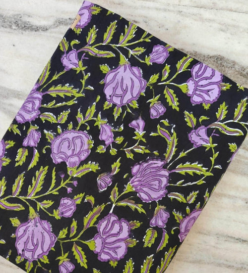 Black Floral Cotton Fabric by the Yard, Purple Rose Print Cotton Fabric, Indian Block Print Fabric, Floral Craft Fabric, Dressmaking Fabric