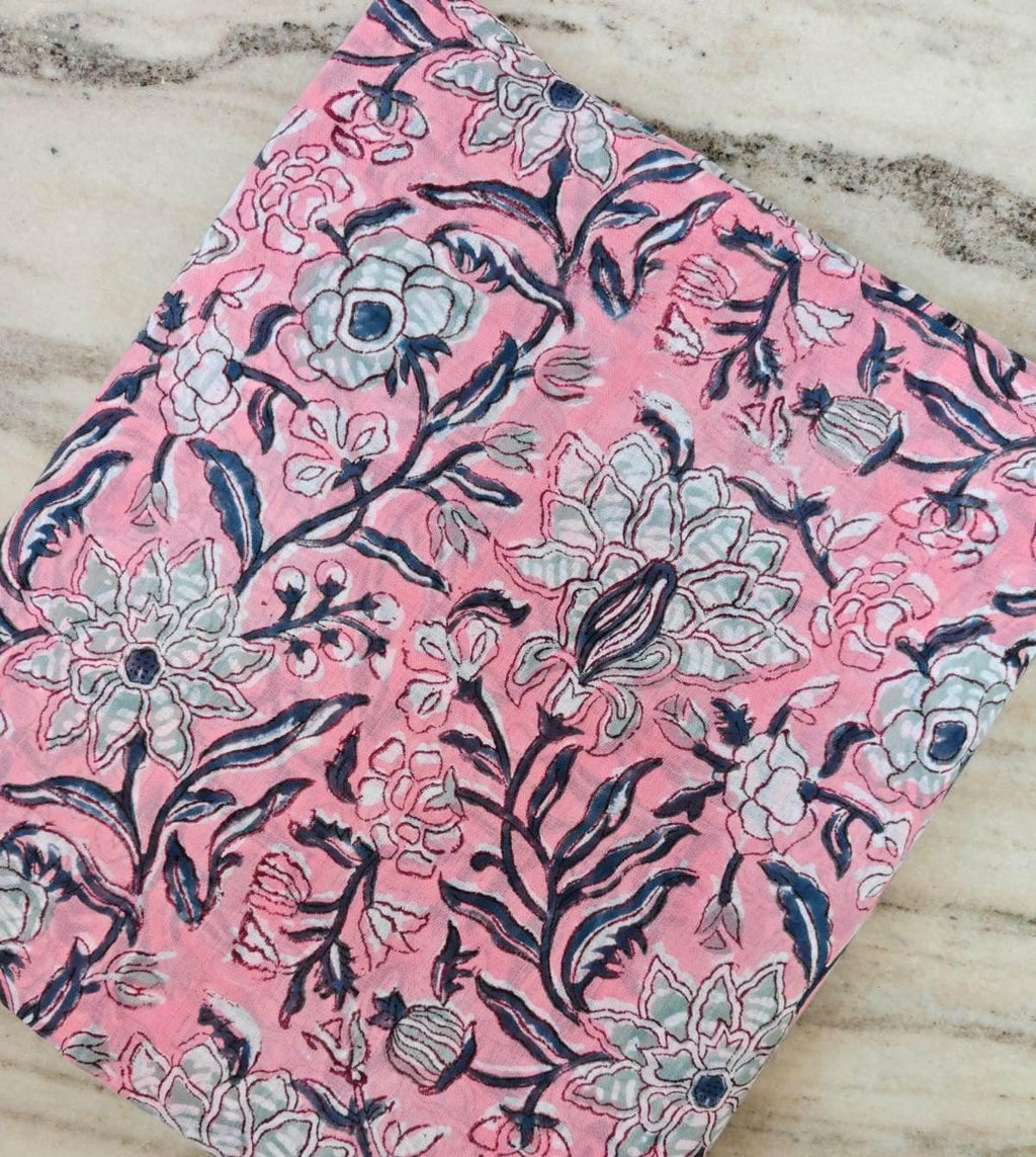 Pink Floral Cotton Fabric, Vintage Botanical Vine Print Fabric, Blue Green Flower Pattern Fabric, Sewing Craft Dressmaking Cotton Textile