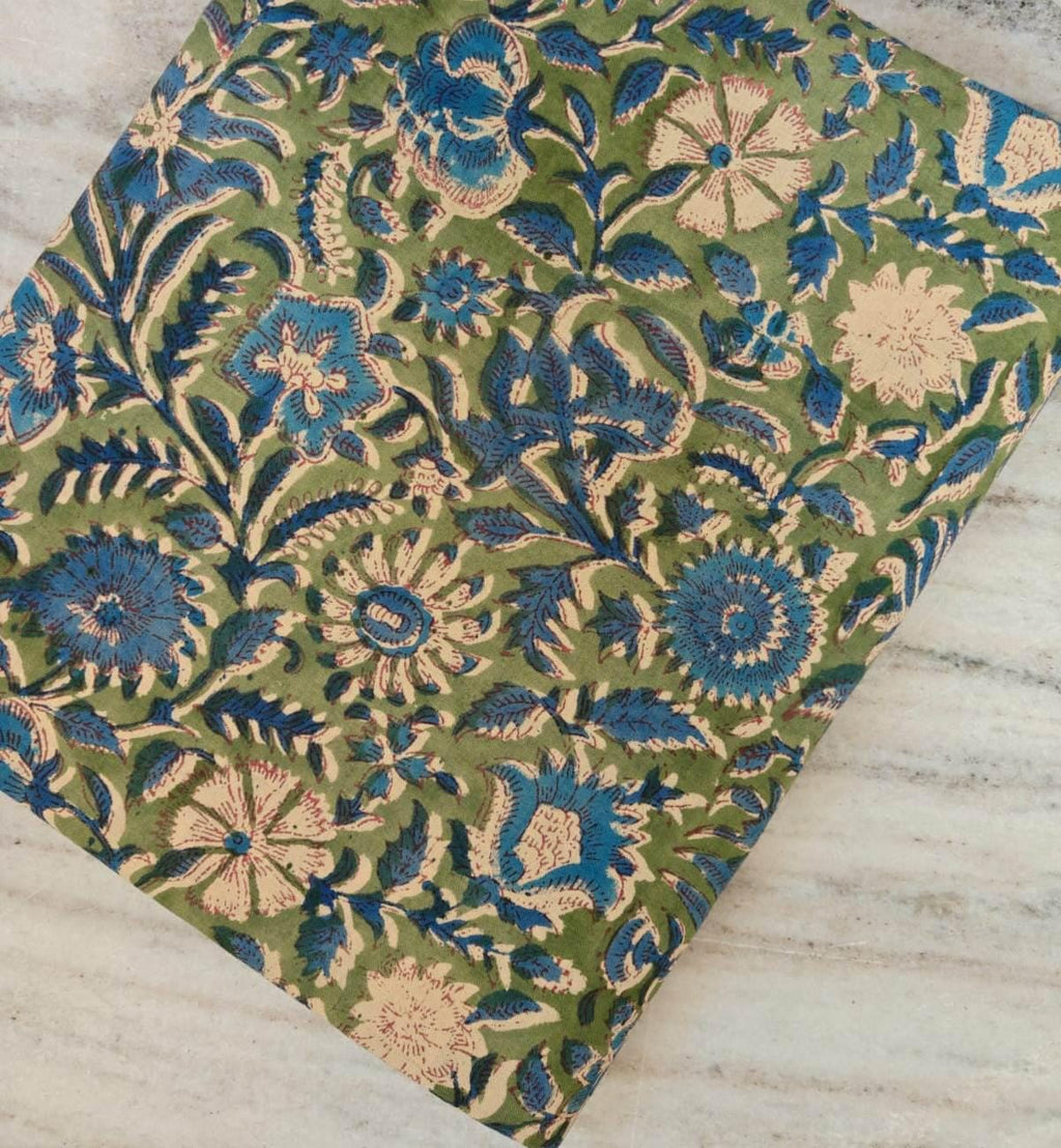 Hand Block Print Cotton Fabric by the Yard | Green Blue Soft Indian Floral Cotton Material | Sewing Quilting Dressmaking Craft Fabric