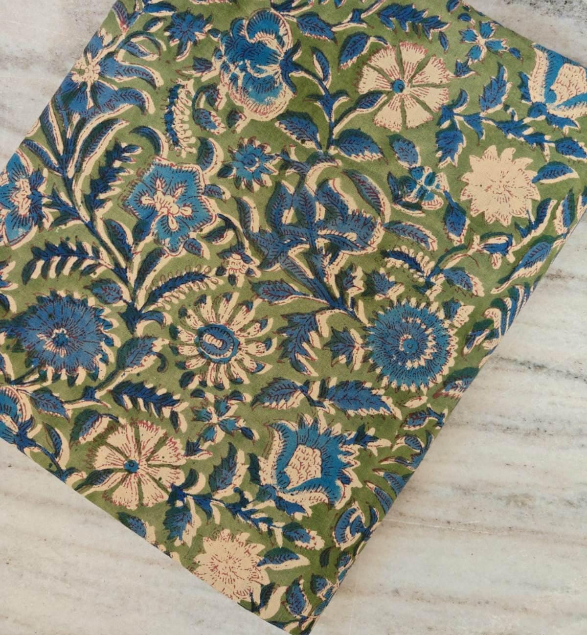 Hand Block Print Cotton Fabric by the Yard | Green Blue Soft Indian Floral Cotton Material | Sewing Quilting Dressmaking Craft Fabric