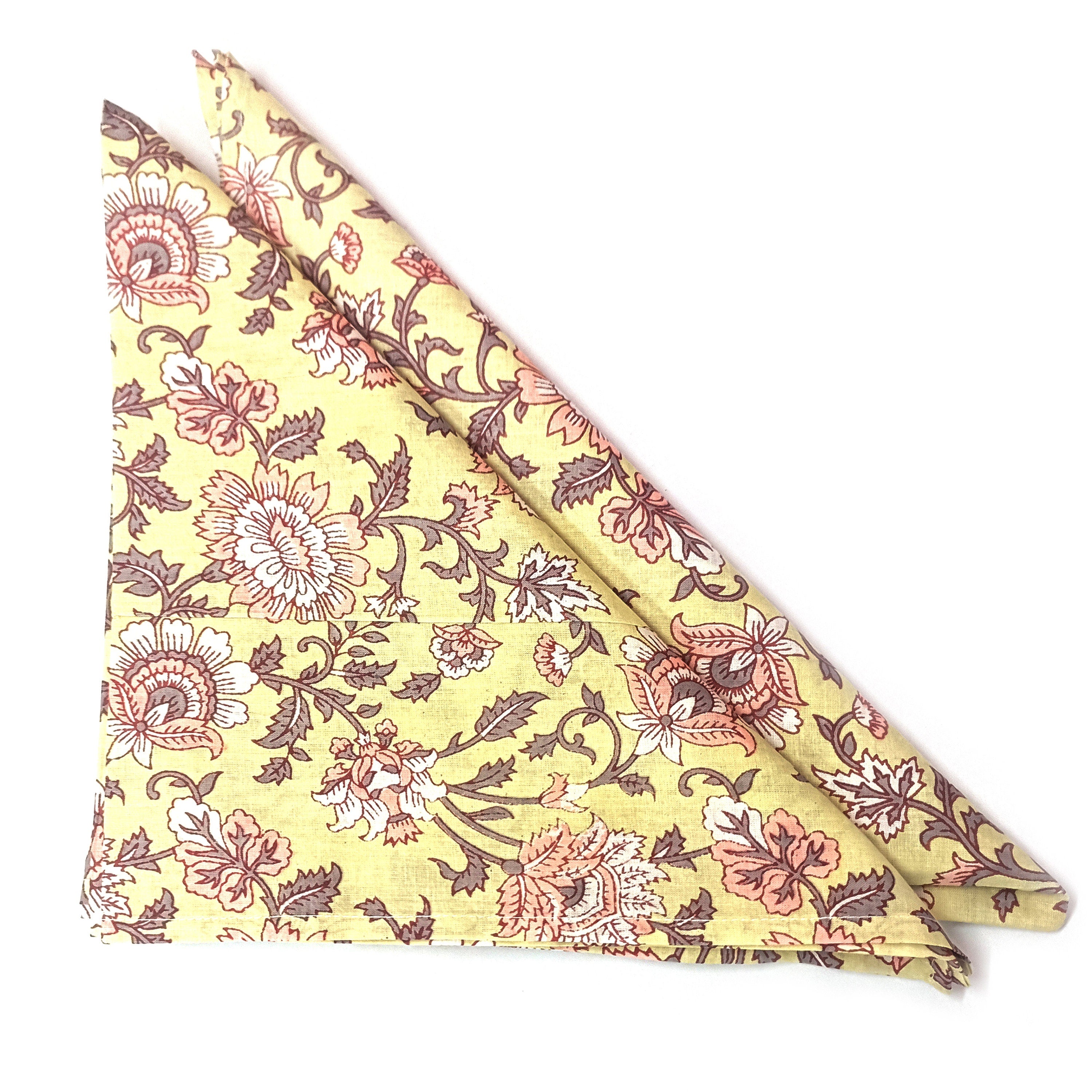 Hand Printed Cotton Dinner Napkins: Floral Block Print, Set of 4