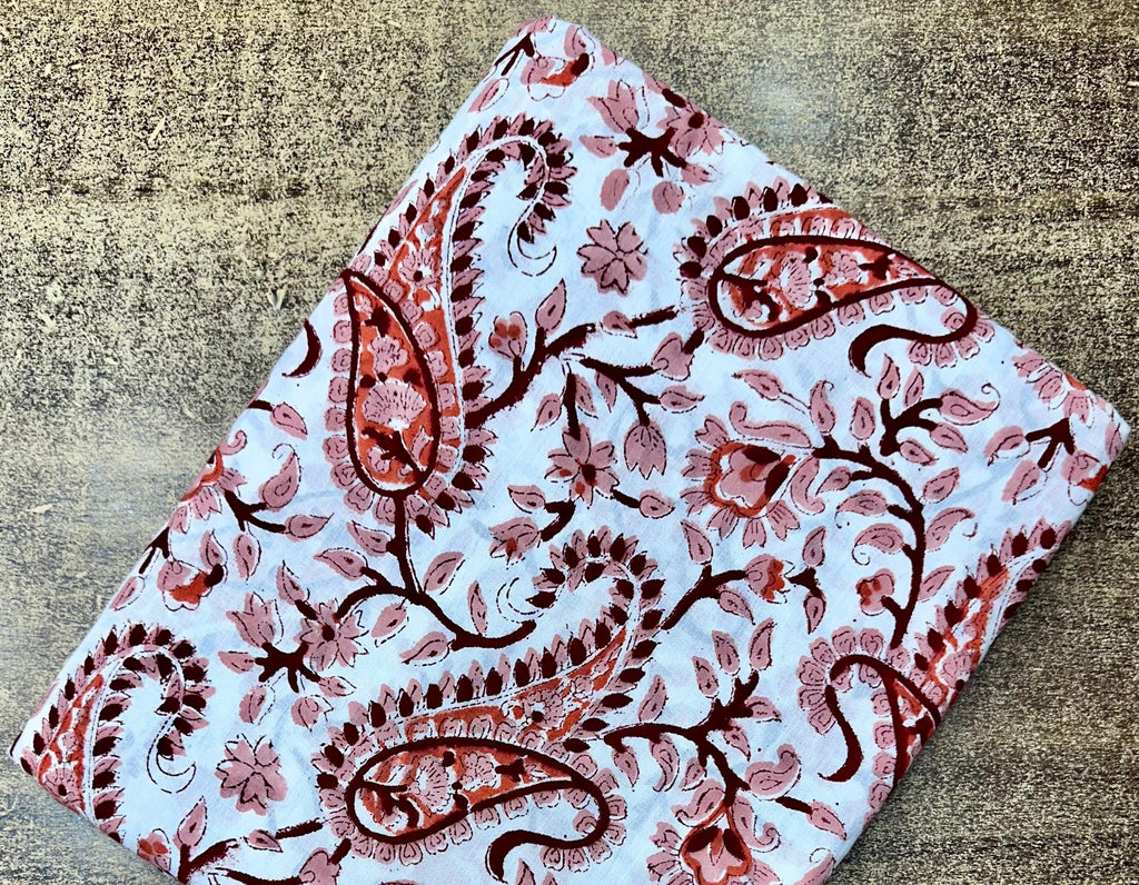 Hand Block Print Cotton Fabric, Red Pink Paisley Floral Fabric, Soft Indian Cotton Material by Yard, Boho Dress Craft Quilting Sewing Fabric